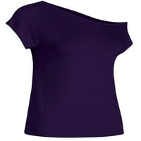 Дамски тениска от предния път тениска с твърд цвят тениска наклонена врата летни върхове работи ежедневно пуловер с къс ръкав лилав 5xl