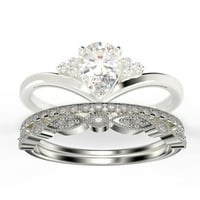 Великолепна минималистичен 2. Карат круша нарязана диамант Moissanite Уникален годежен пръстен, достъпен сватбен пръстен, две съвпадащи ленти в 10K твърд бял златен подарък за нейната любов, трио пръстен комплект