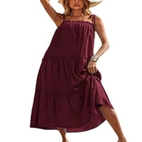 Niuer жени лято бохо спагети каишка разрошена люлка Макси рокля плаж квадратна шия солиден цвят A Line Long Sundress Beachwear