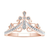 Кръгла форма бяла естествена диамантен кръст Queen Crown Ring в 14K твърда роза Размер на злато-пръстена-7,5