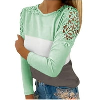 Buigttklop ризи с дълъг ръкав за жени Просверие плюс размер жени Небрежен цвят Блокиране на кръгла дантела Dooly Out дълъг ръкав пуловер за отслабване на блуза тениска зелени