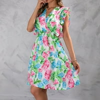 Дамски летни рокли Clearance Женски летен принт с късо ръкав рокля плажна рокля слънчева рокля мини рокля с кръстовище на талията рокля с разточителна рокля