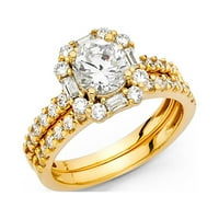 14k солиден италиански бяло злато CZ Round & Baguette сватбен пръстен дует