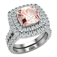 Комплект за сватбен пръстен за жени възглавница отрязана морганит двоен ореол диамантен пръстен 18k бяло злато 3. Карат