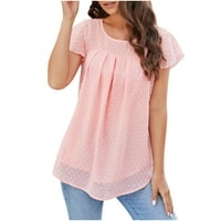 Тениски за жени розови сделки Разчистване Жени Развлекателни модни летящи виж пуловер Шифон с къс ръкав Кръгли върхове Подарък за женски върхове