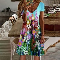 Многоцветни рокли за жени с къс ръкав печат флорален модел празнична рокля v-образна форма на свободна мощна ваканция ежедневна слънчева рокля midi мода ежедневна а-линия блуза плисирана люлка рокля, s