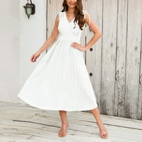 Finelylove ежедневни летни рокли Елегантна рокля за жени с V-образно вещество солидна без ръкаща на бяло бяло