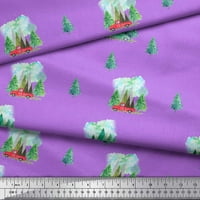 Soimoi Purple Silk Fabric Cedar Tree & Mountain Nature Print Fabric край двора