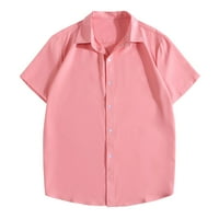 Мъжки ризи за летен моден клирънс Мъжки летни солидни цветни ревери къси ръкави ризи Мъжки летна мода плюс размер ризи с къс ръкав розов xxl