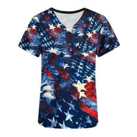 Дианли САЩ ризи за жени V-образно туника американска флаг звезда райета печат къса ръкав летни тениски плаж свободна ежедневна мода работеща униформа с джобни върхове блузи флот l