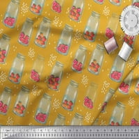 Soimoi Gold Polyester Crepe Fabric Bottle Vase & Strawberry Fluits Plack отпечатъци по двор широк