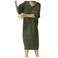 Продавач на FOPP Женски елегантна рокля Небрежно късо ръкав твърд цвят памучен коноп свободна пола зелена xl