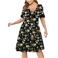 Рузиоуг рокли за жени лято секси мода случайни печатни кръг врата Плюс размер къс ръкав пола Миди рокля Жълт л