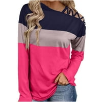 Блузи ризи Продажби Разчистване Жени дълги ръкави рамо извън рамото кръстосана каишка карирани цветни блокове върхове блуза туника върхове горещо розово