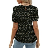 Peplum върхове за жени бохо флорален модел графичен къс ръкав Графична туника тениски за тениски свободен екипаж отпусна се удобна тениска блуза черно m